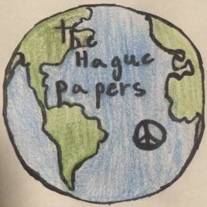 a child's drawing of the Earth with "the hague papers" written inside, honours the initiative.